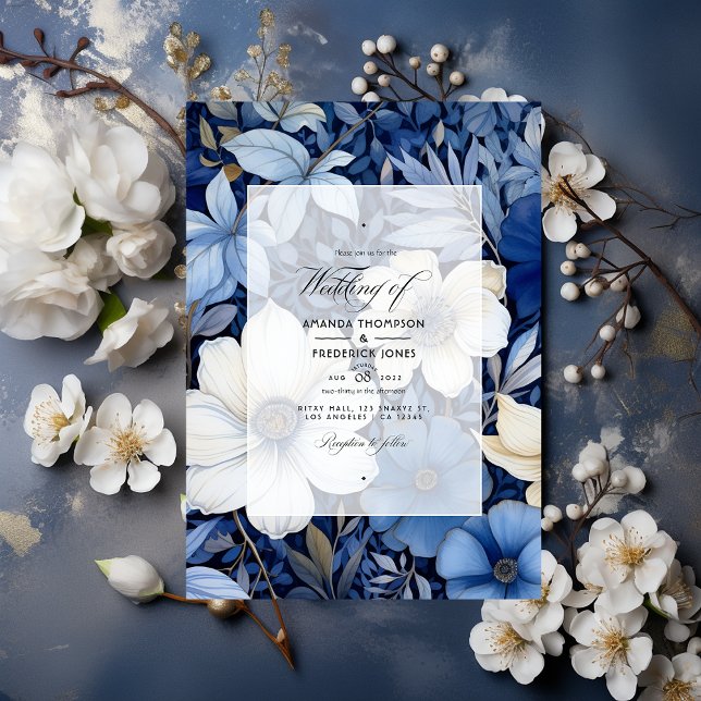 Convites Casamento Floral Azul Escuro, Prata e Branco (Criador carregado)