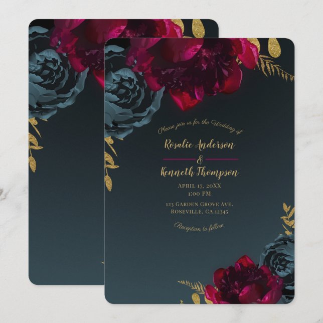 Convites Casamento Floral Azul Escuro Sombrio Verde Dourado (Frente/Verso)