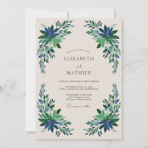 Convites Casamento Floral Azul Esmeralda