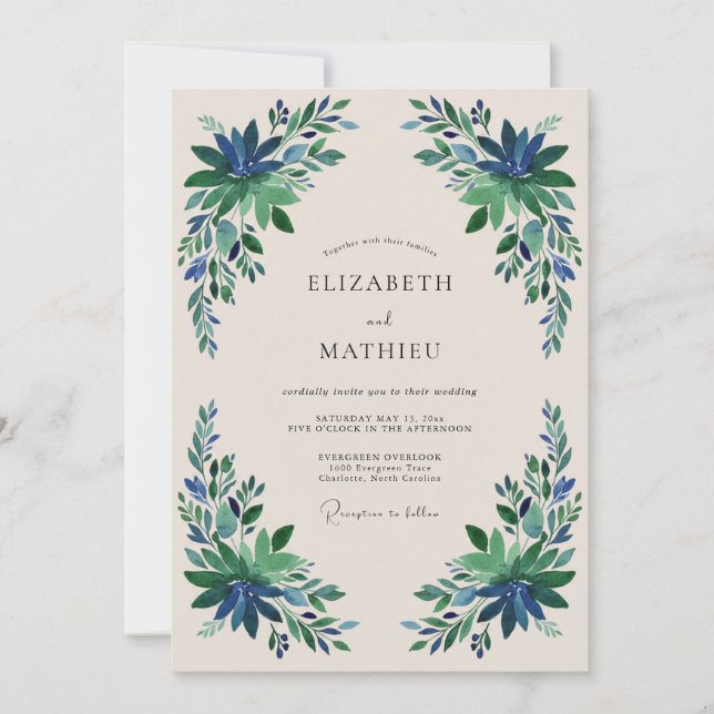 Convites Casamento Floral Azul Esmeralda (Frente)