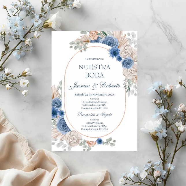Convites Casamento Floral Azul Espanhol (Criador carregado)