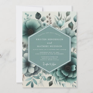 Convites Casamento Floral Azul Esverdeado Sombrio