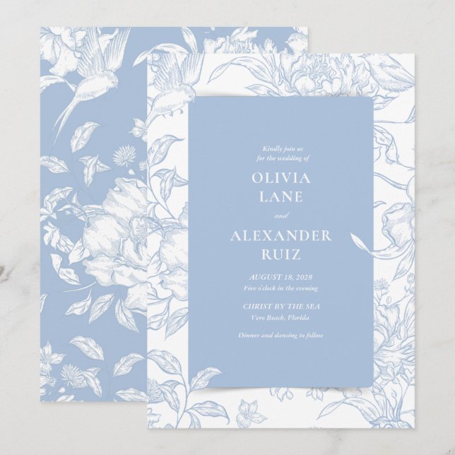 Convites Casamento Floral Azul Francês Botânico Pássaro (Frente/Verso)
