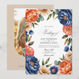 Convites Casamento Floral Azul Francês, Coral e Bege Areia