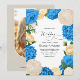 Convites Casamento Floral Azul Francês/Creme e Dourado Suav