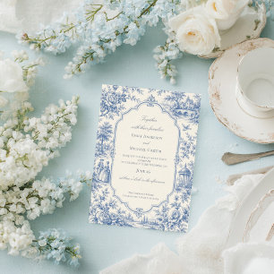 Convites Casamento Floral Azul Francês Toile de jouy