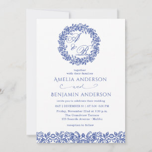 Convites Casamento Floral Azul Francês Vintage Elegante