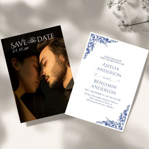 Convites Casamento Floral Azul Francês Vintage Elegante