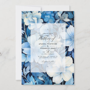 Convites Casamento Floral Azul Gelo, Marinho e Branco