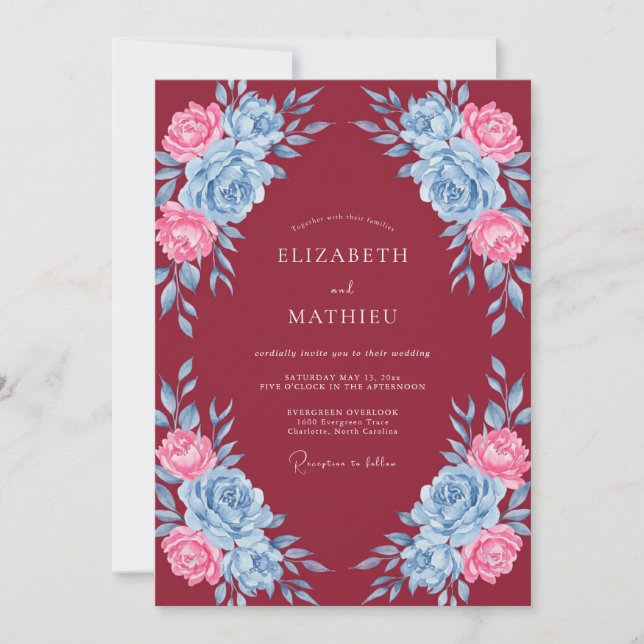 Convites Casamento Floral Azul Grená (Frente)