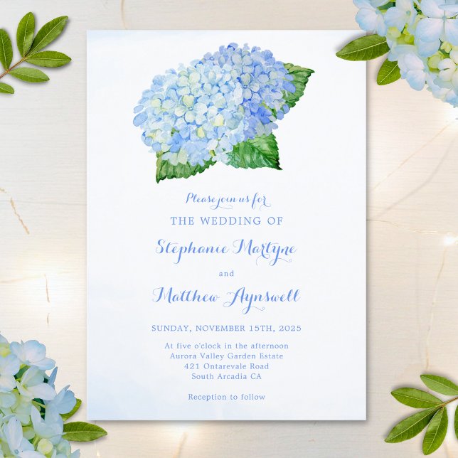 Convites Casamento Floral Azul Hydrangea Watercolor (Criador carregado)
