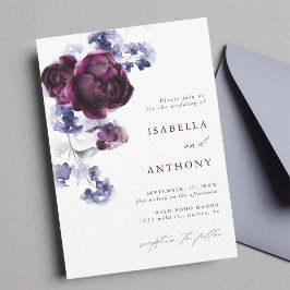 Convites Casamento Floral Azul-Indígo e Roxo-Púrpura