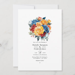 Convites Casamento Floral Azul, Laranja, Amarelo e Vermelho