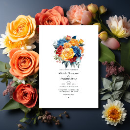 Convites Casamento Floral Azul, Laranja, Amarelo e Vermelho