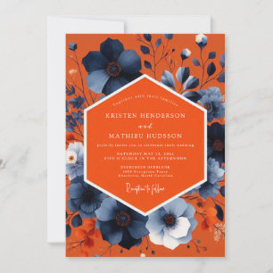 Convites Casamento Floral Azul Laranja de Outono