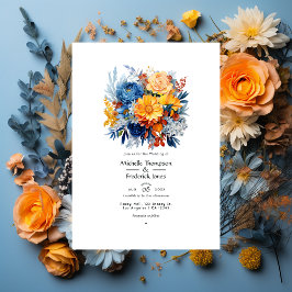 Convites Casamento Floral Azul, Laranja e Amarelo