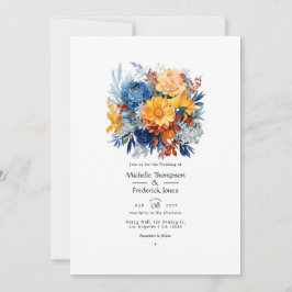 Convites Casamento Floral Azul, Laranja e Amarelo