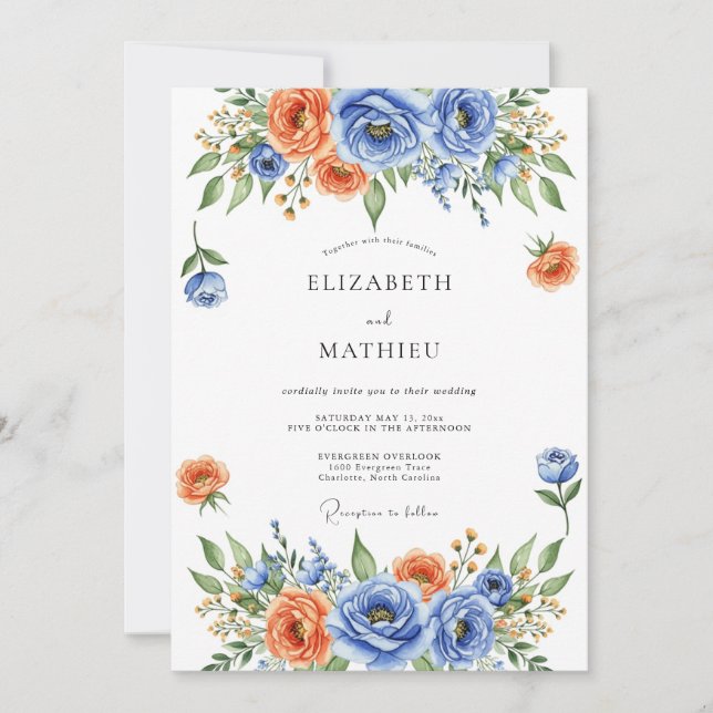 Convites Casamento Floral Azul Laranja em Flor (Frente)
