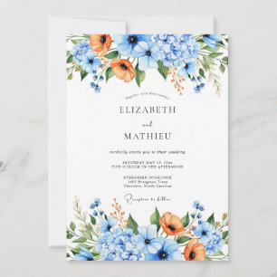 Convites Casamento Floral Azul Laranja Natureza