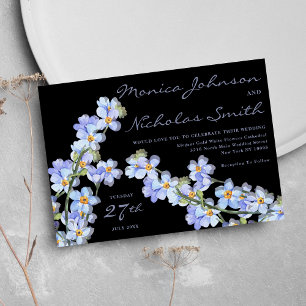 Convites Casamento floral azul-lavanda-elegante preto