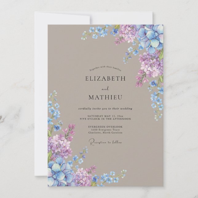 Convites Casamento Floral Azul Lilás Exuberante (Frente)