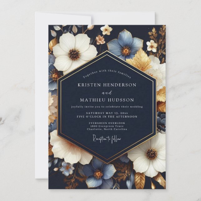 Convites Casamento Floral Azul Marinho (Frente)