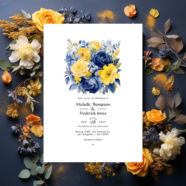 Convites Casamento Floral Azul Marinho, Amarelo e Azul (Criador carregado)