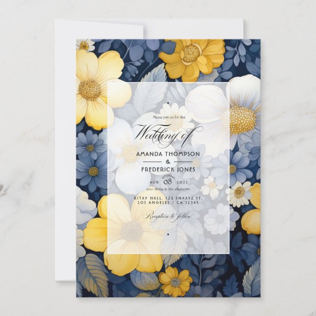 Convites Casamento Floral Azul Marinho, Amarelo e Branco (Frente)