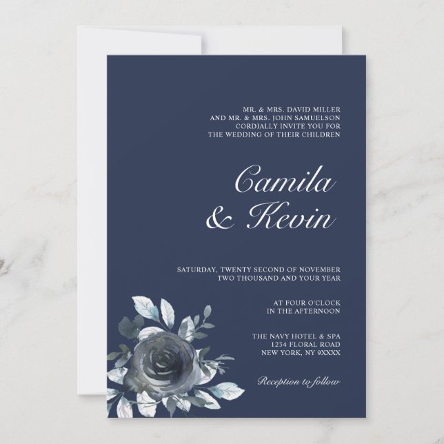 Convites Casamento Floral Azul Marinho Aquarela Elegante (Frente)