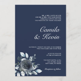 Convites Casamento Floral Azul Marinho Aquarela Elegante
