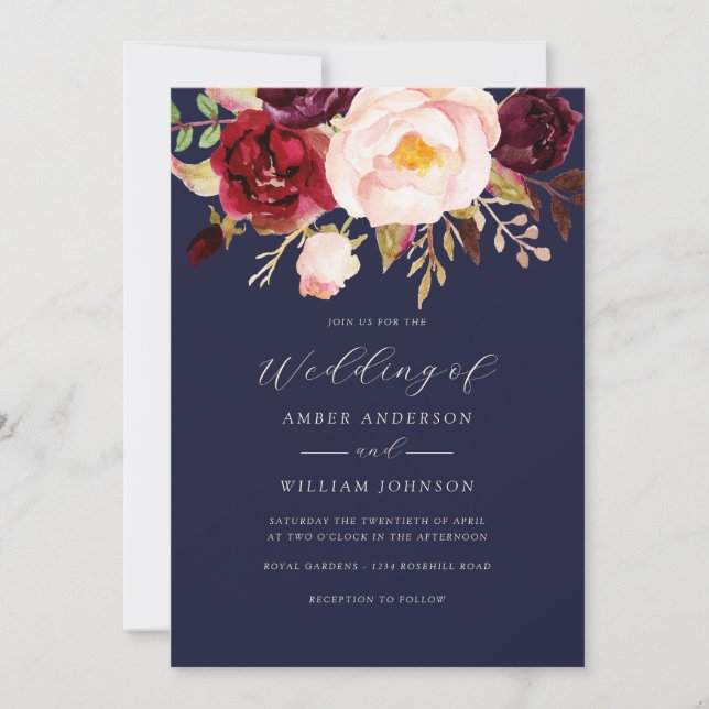 Convites Casamento Floral Azul Marinho Bege Borgonha   (Frente)