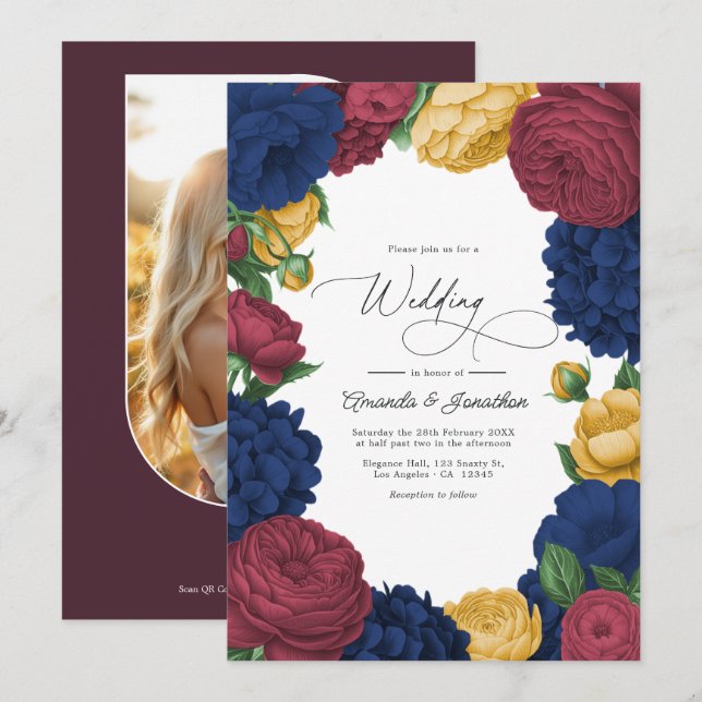 Convites Casamento Floral Azul Marinho, Borgonha e Dourado (Frente/Verso)