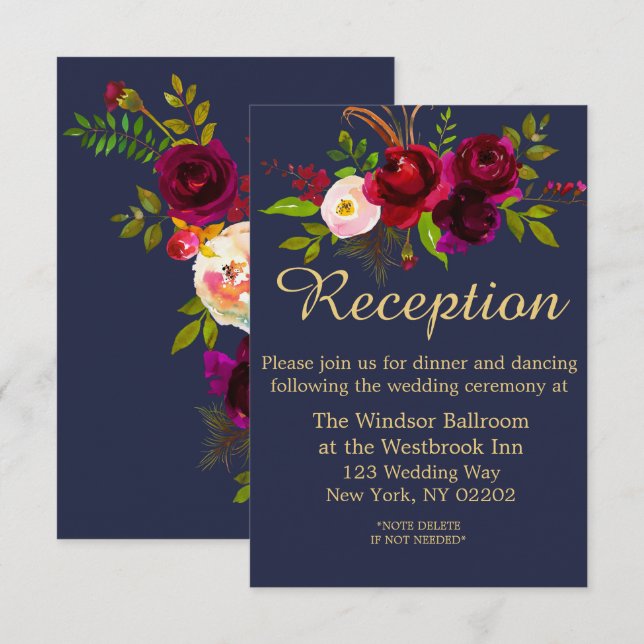 Convites Casamento Floral Azul Marinho Borgonha Script (Frente/Verso)