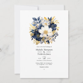 Convites Casamento Floral Azul Marinho, Branco e Dourado