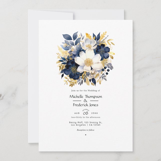 Convites Casamento Floral Azul Marinho, Branco e Dourado (Frente)