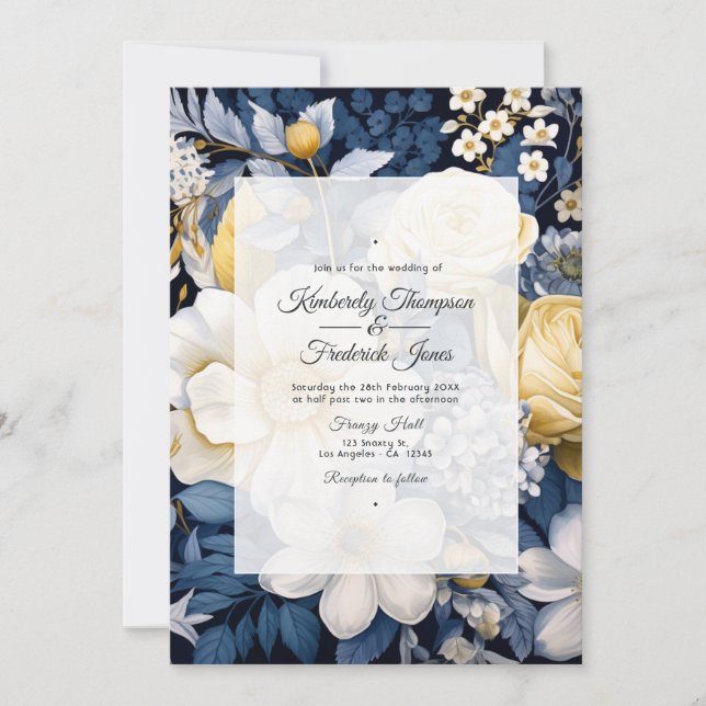 Convites Casamento Floral Azul Marinho, Branco e Dourado (Frente)