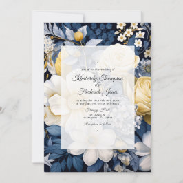 Convites Casamento Floral Azul Marinho, Branco e Dourado