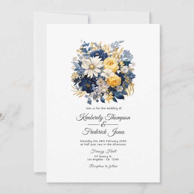 Convites Casamento Floral Azul Marinho, Branco e Dourado (Frente)