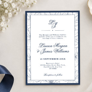 Convites Casamento Floral Azul Marinho Clássico Camadas