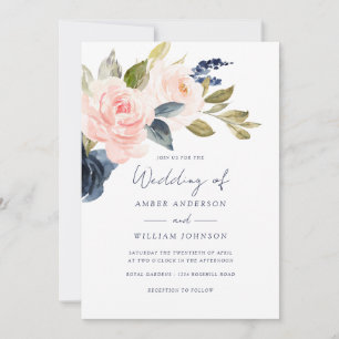 Convites Casamento Floral Azul Marinho com Rubor  