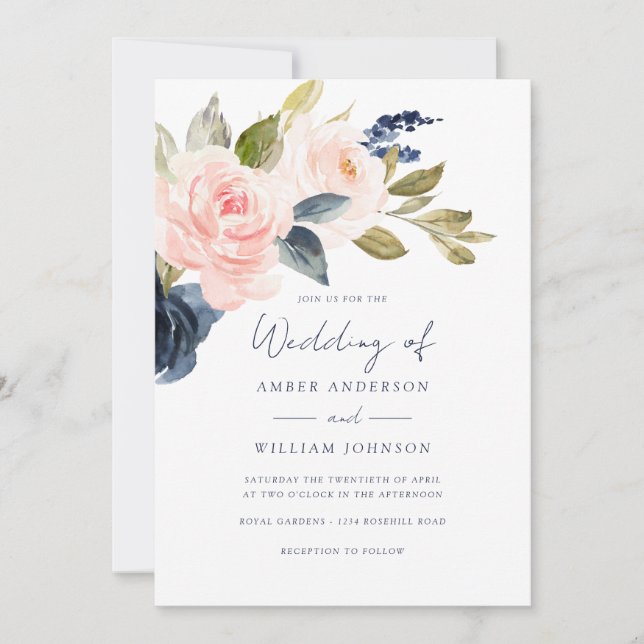 Convites Casamento Floral Azul Marinho com Rubor   (Frente)