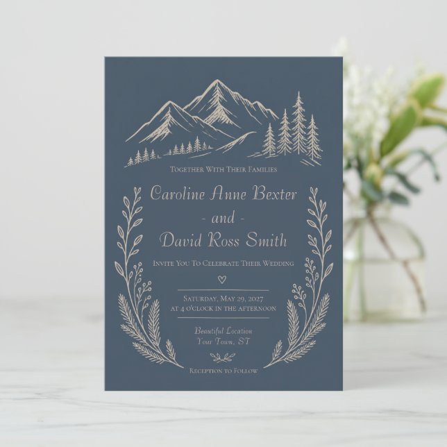 Convites Casamento Floral Azul Marinho com Tema de Floresta (Em pé/Frente)