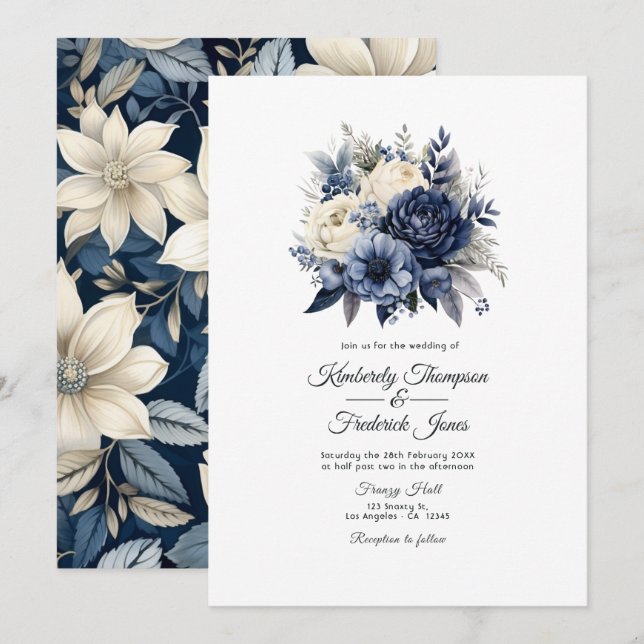 Convites Casamento Floral Azul Marinho, Creme e Prata (Frente/Verso)