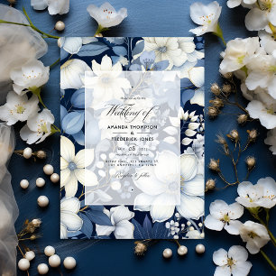 Convites Casamento Floral Azul Marinho, Creme e Prata