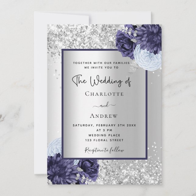 Convites Casamento floral azul marinho de prata (Frente)