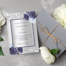 Convites Casamento floral azul marinho de prata