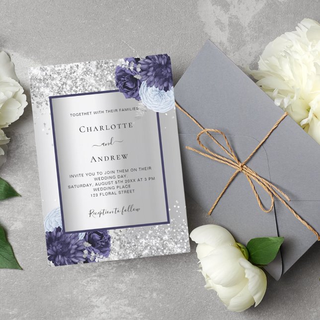 Convites Casamento floral azul marinho de prata (Criador carregado)