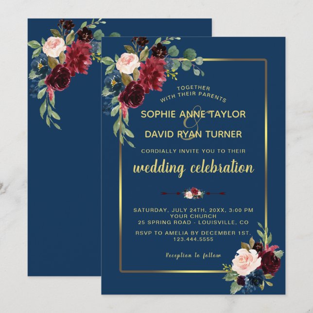 Convites Casamento Floral Azul Marinho Dourado Bordô (Frente/Verso)