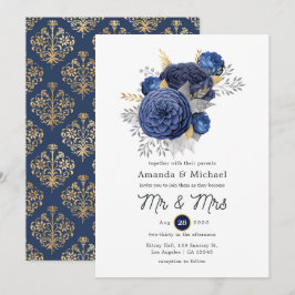 Convites Casamento Floral Azul Marinho, Dourado e Prata