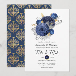 Convites Casamento Floral Azul Marinho, Dourado e Prata